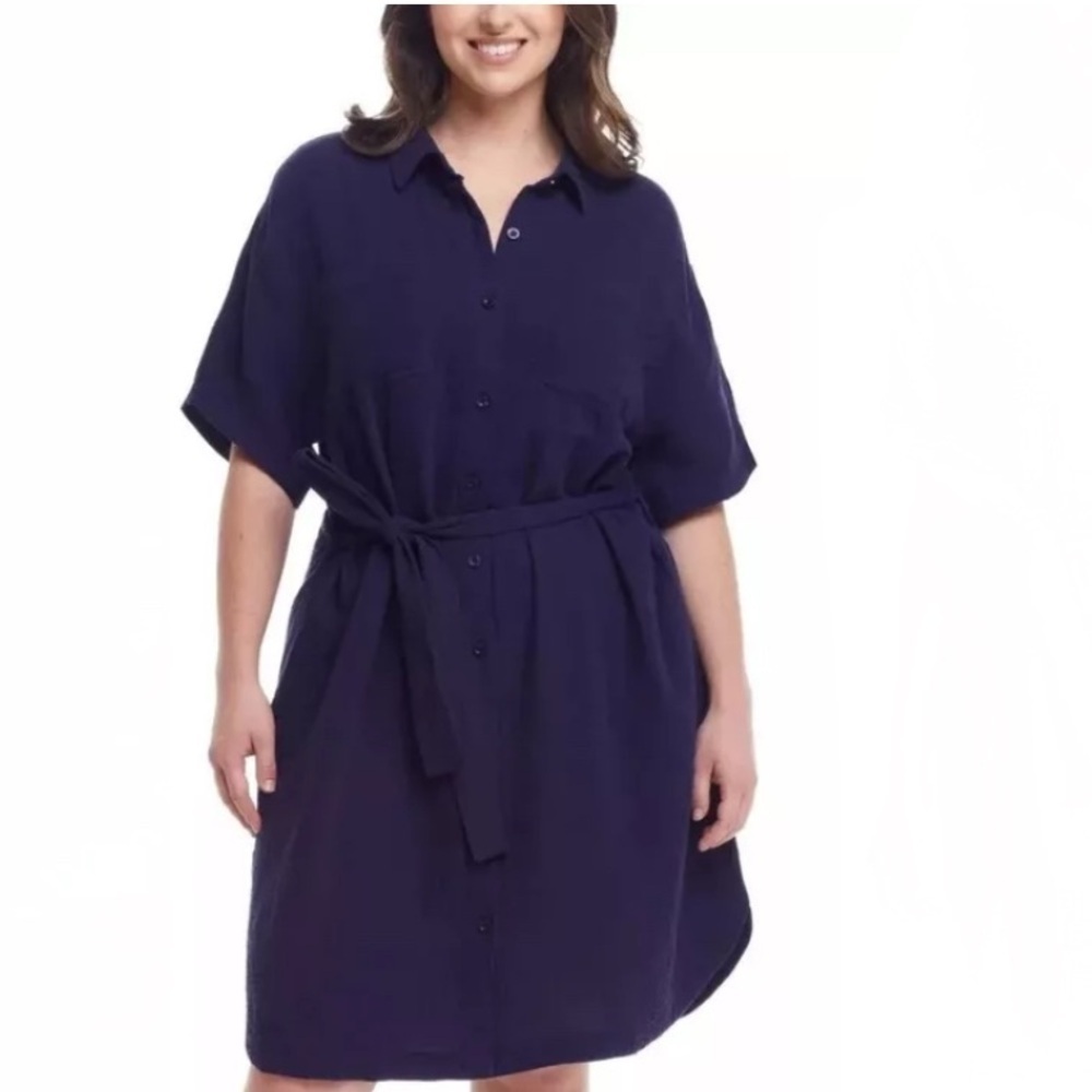 Weatherproof Womens Navy Button Up Gauze Belted Knee Length Shirt Dress XL